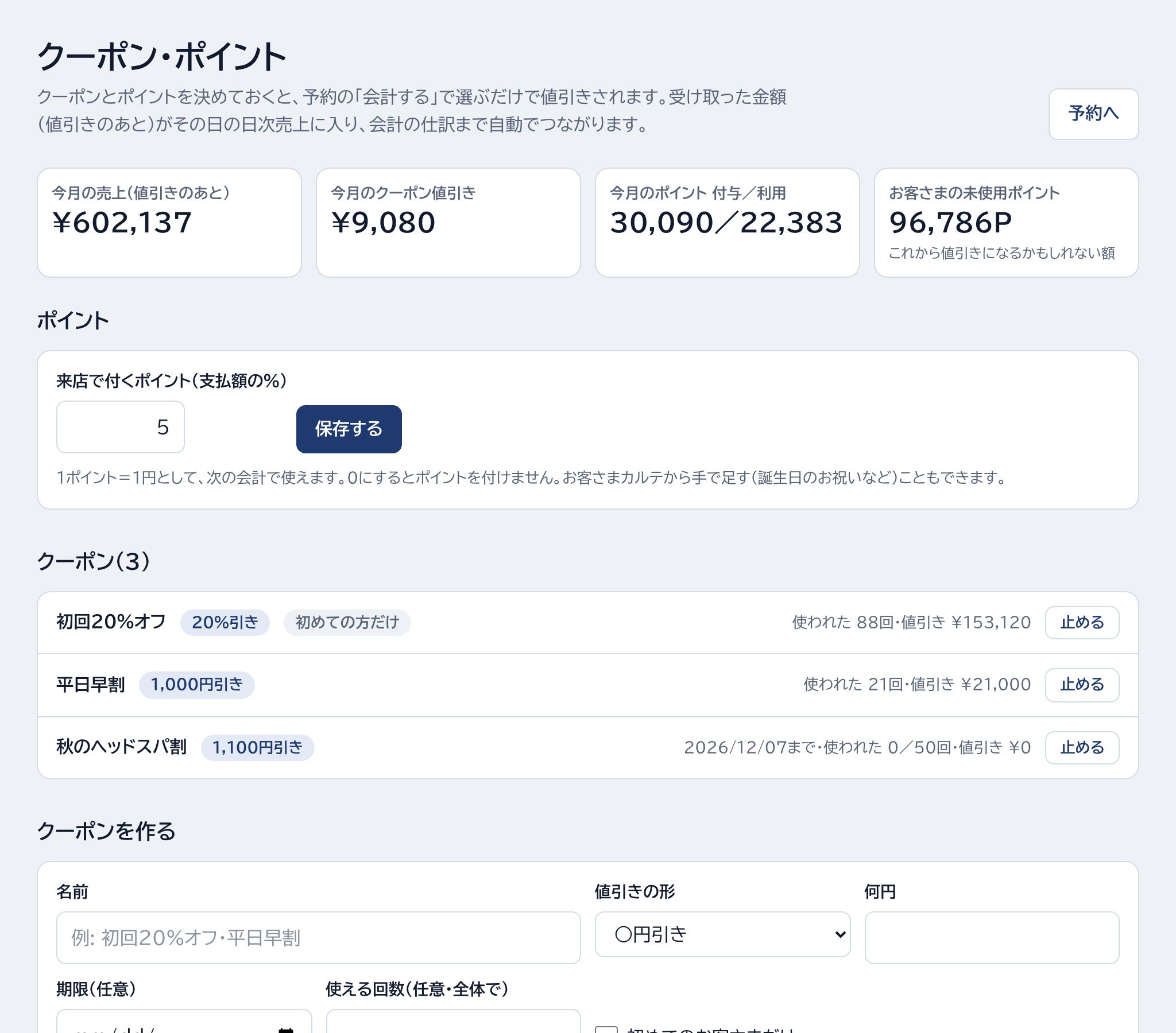 ポイント・クーポンの一覧・クーポンを作るの場所