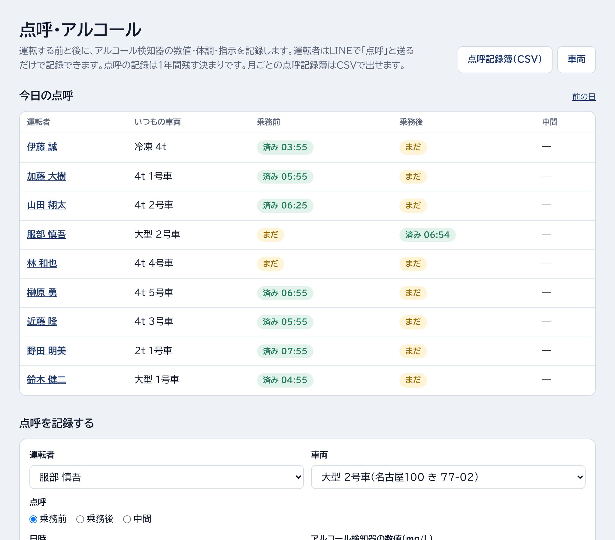 点呼記録簿(CSV)・今日の点呼・点呼を記録するの場所