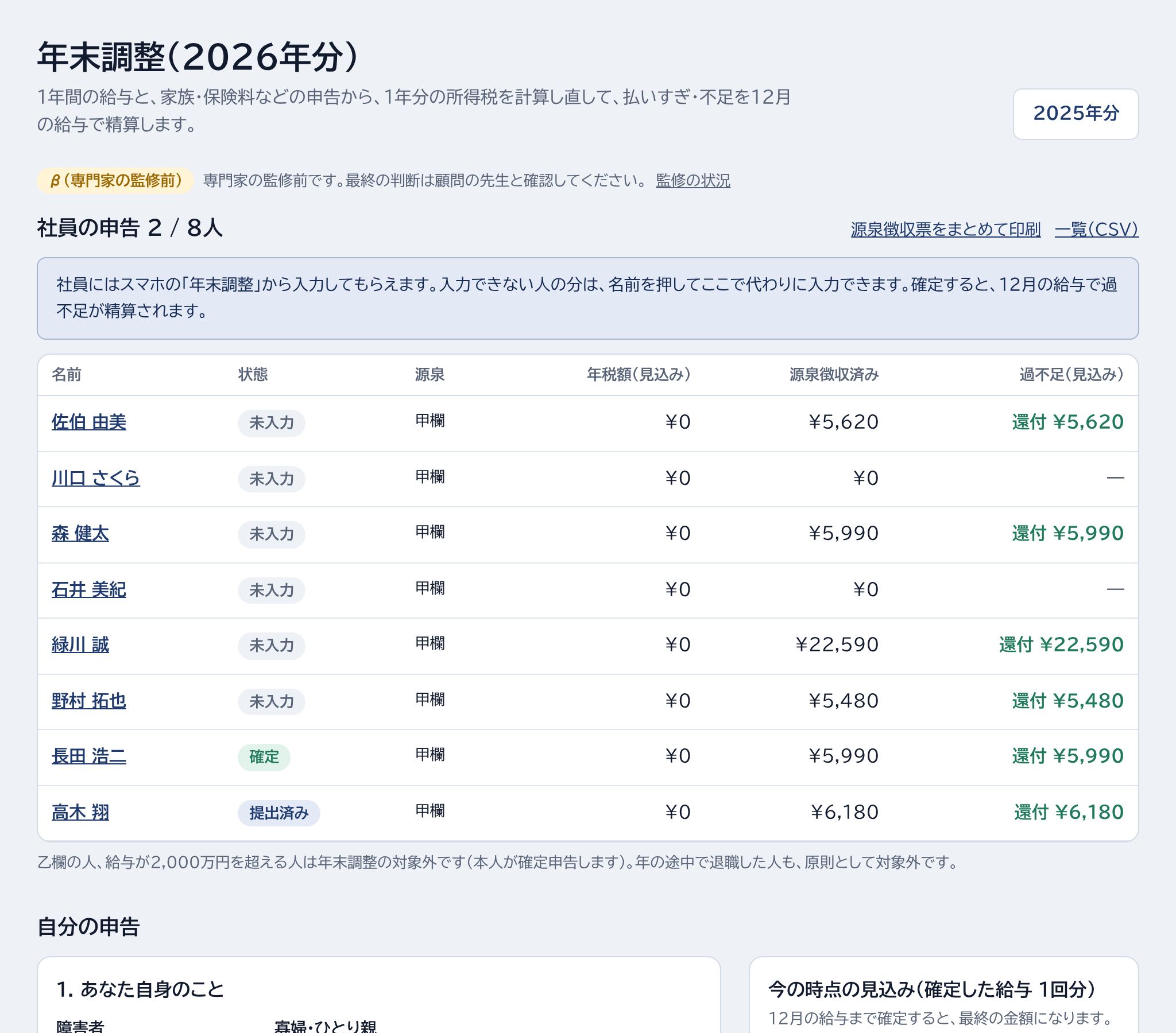 社員の申告・源泉徴収票をまとめて印刷・自分の申告の場所