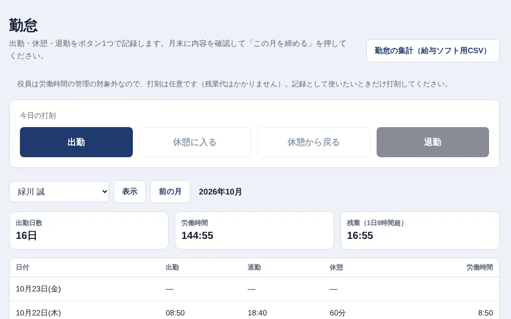 采配の画面: 勤怠: LINEの打刻がそのまま集計に