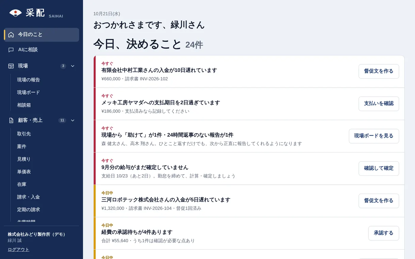 采配のホーム画面「今日、決めること」の例